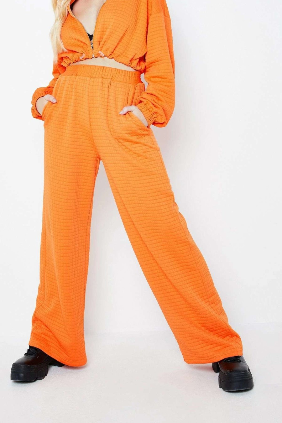 Pants * | Solado High Waist Dual Pocket Waffle Knit Straight Pants Orange