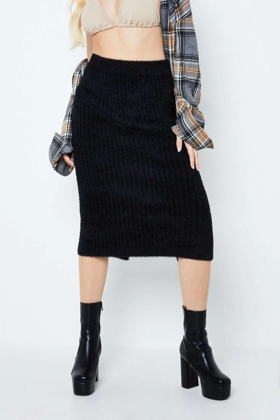 Skirts * | Solado High Waist Split Hem Stripe Knitted Fluffy Midi Skirt Black