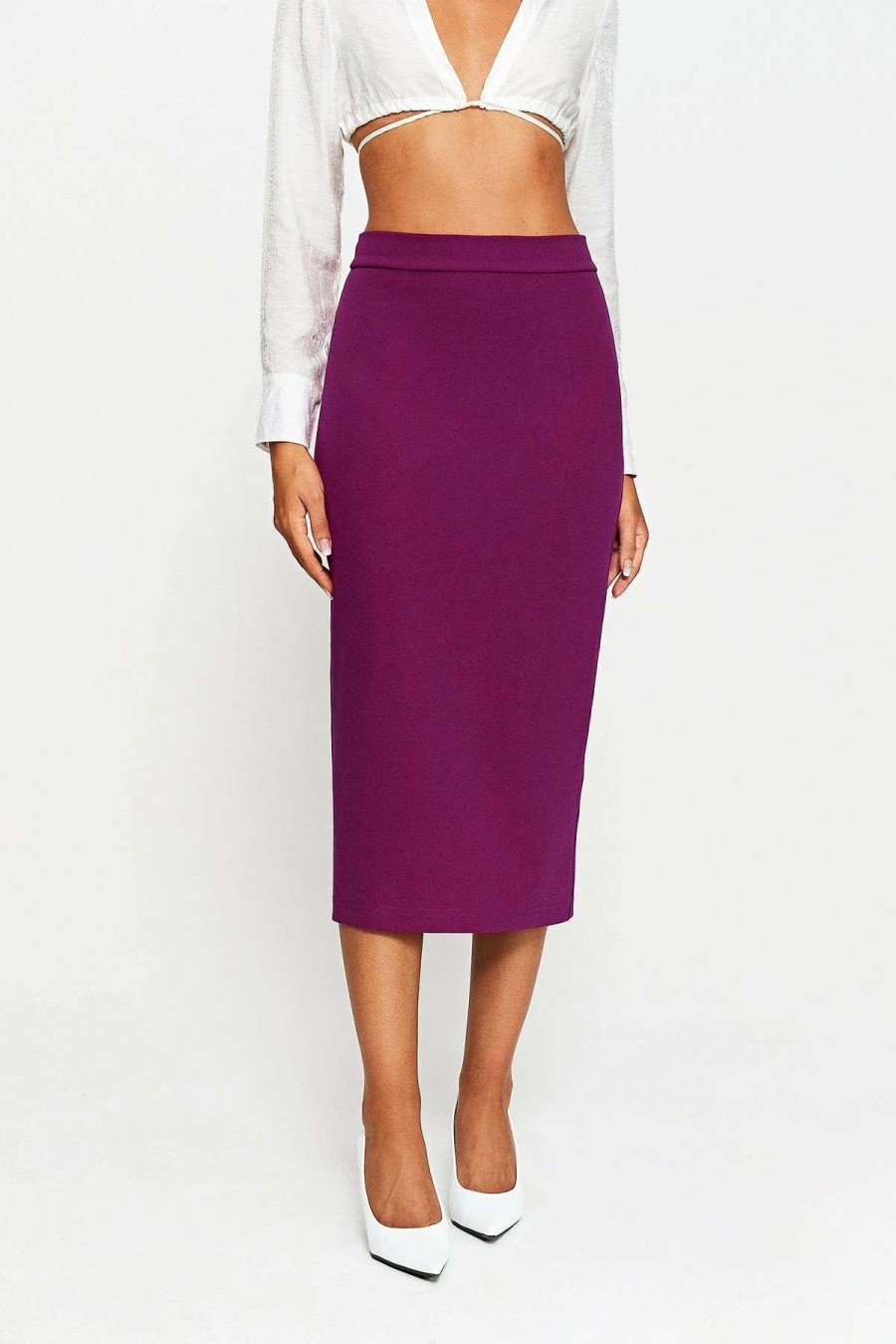 Skirts * | Solado High Waist Split Hem Bodycon Midi Skirt Purple