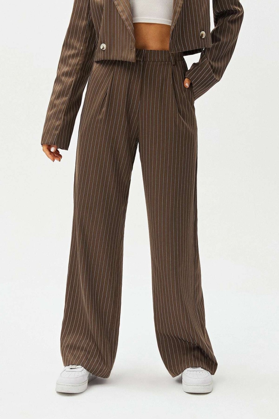 Pants * | Solado Low Waist Stripe Print Dual Pocket Suit Pants Brown