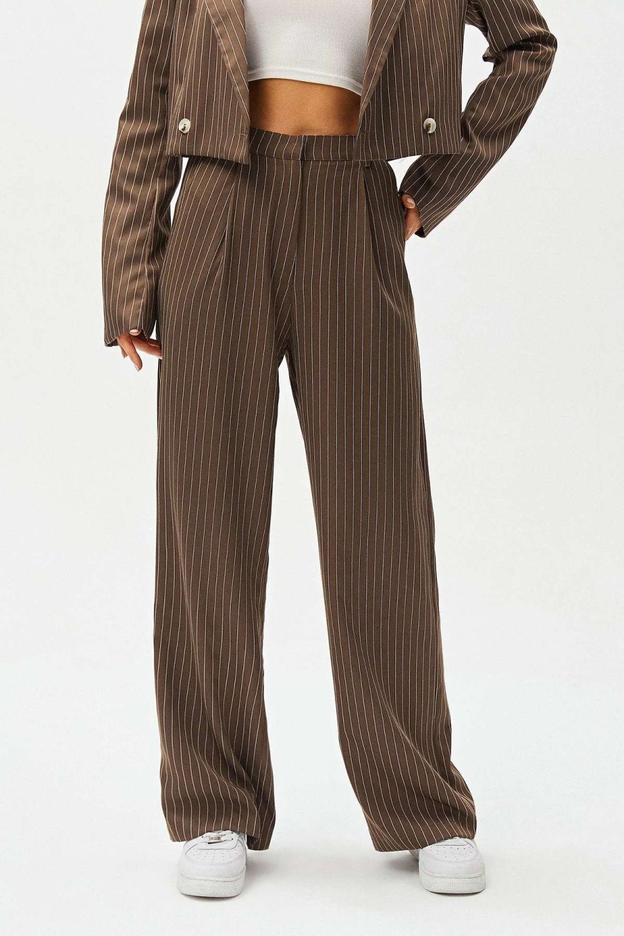 Pants * | Solado Low Waist Stripe Print Dual Pocket Suit Pants Brown