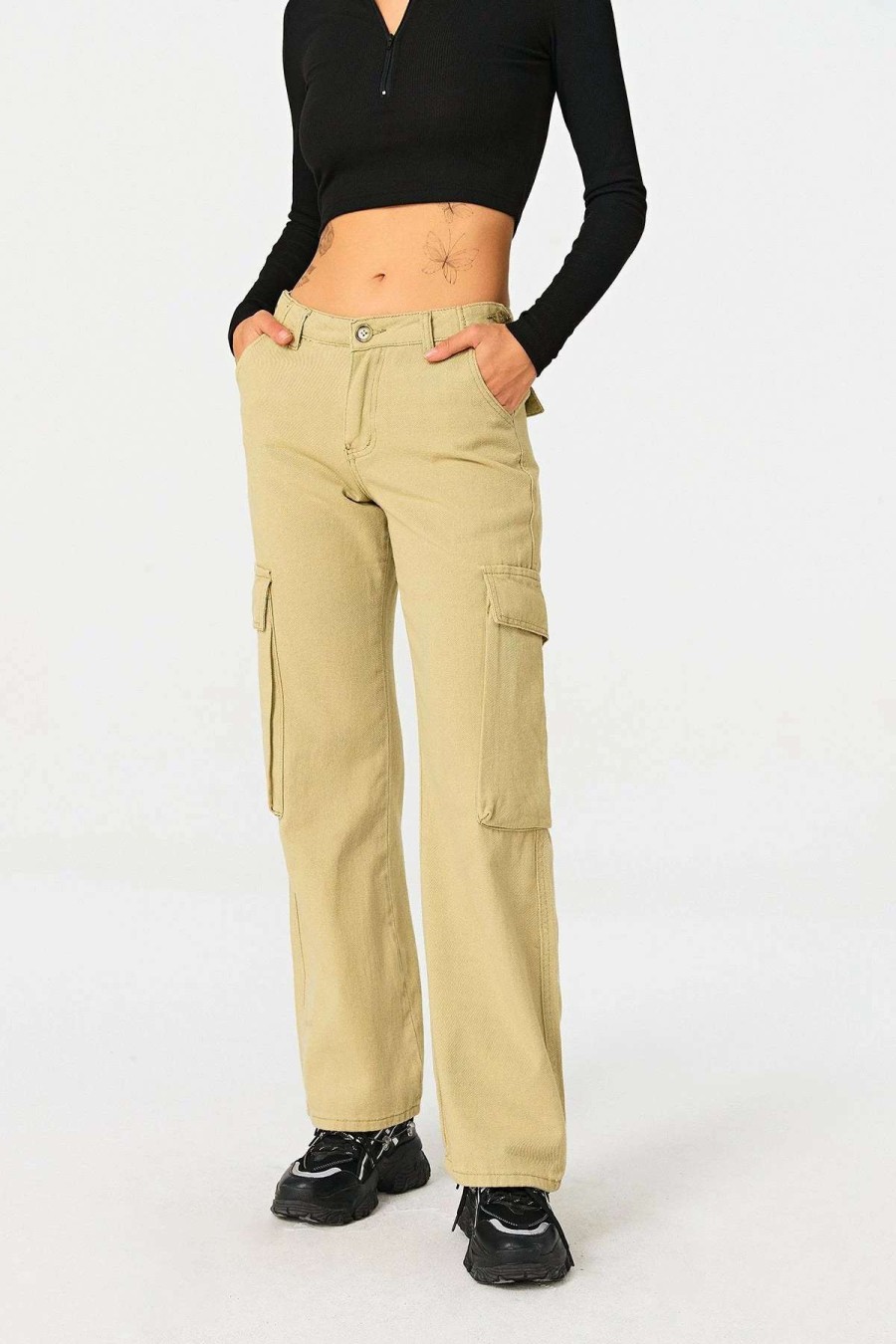 Pants * | Solado Low Waist Pocket Patched Cargo Straight Pants Khaki