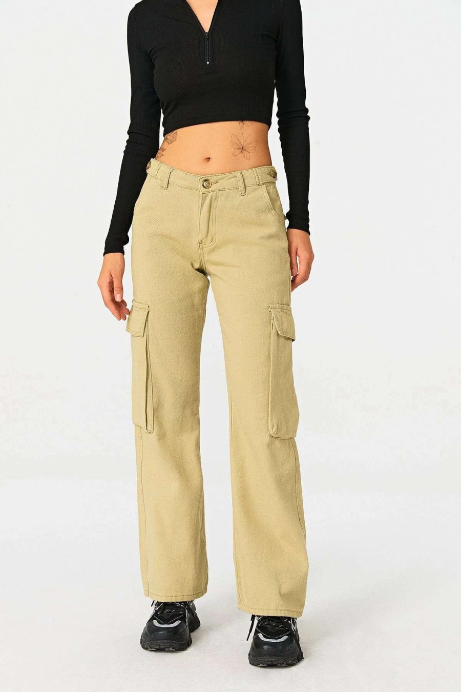 Pants * | Solado Low Waist Pocket Patched Cargo Straight Pants Khaki