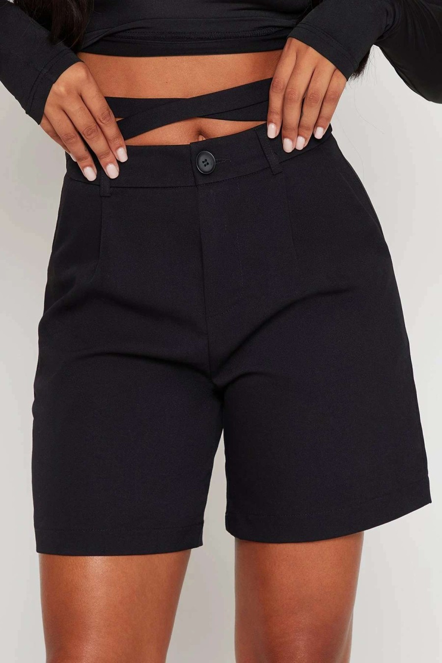 Shorts * | Solado High Waist Cross Tie Solid Knee Length Shorts Black