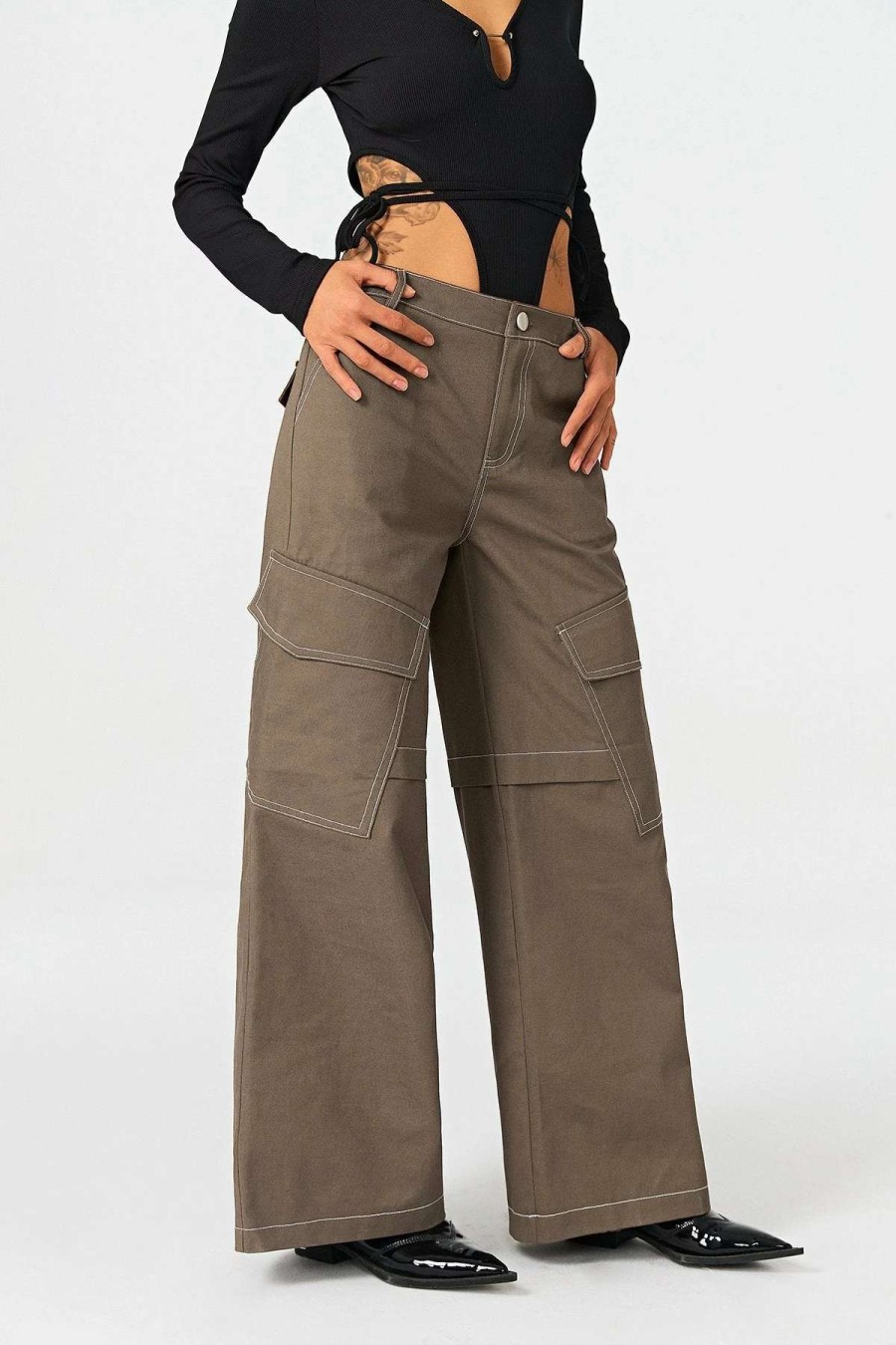 Pants * | Solado Low Waist Top-Stitching Pocket Patched Straight Pants Tan