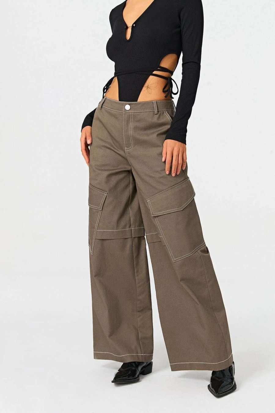 Pants * | Solado Low Waist Top-Stitching Pocket Patched Straight Pants Tan