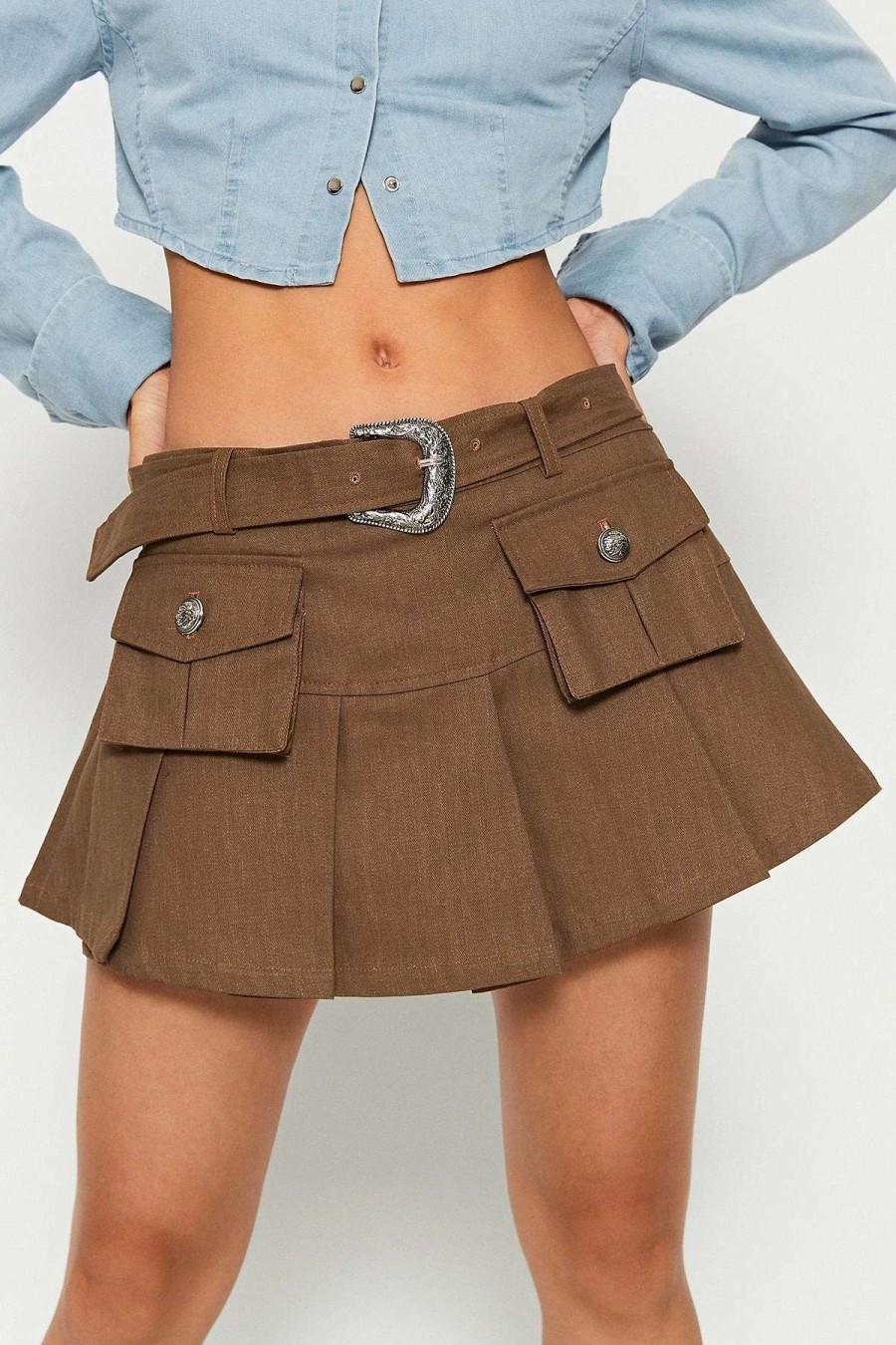 Skirts * | Solado High Waist Pocket Patched Mini Skirt With Belt