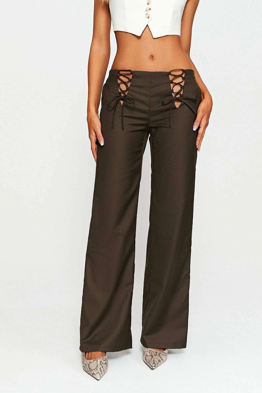 Pants * | Solado Low Waist Lace Up Solid Straight Pants Brown