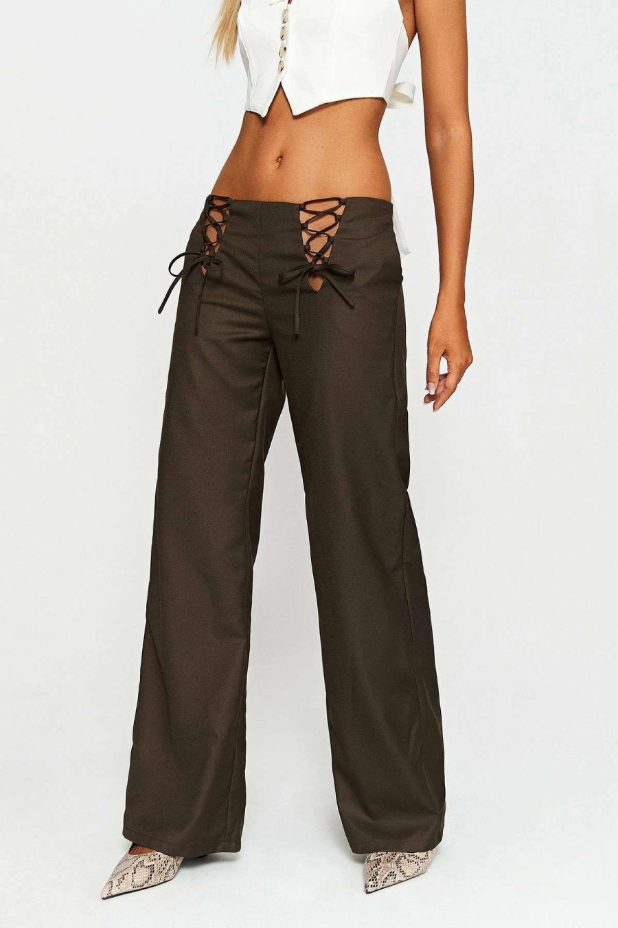 Pants * | Solado Low Waist Lace Up Solid Straight Pants Brown