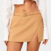 Skirts * | Solado Woolen Low Waist Split Hem A-Line Mini Skirt With Belt Wheat