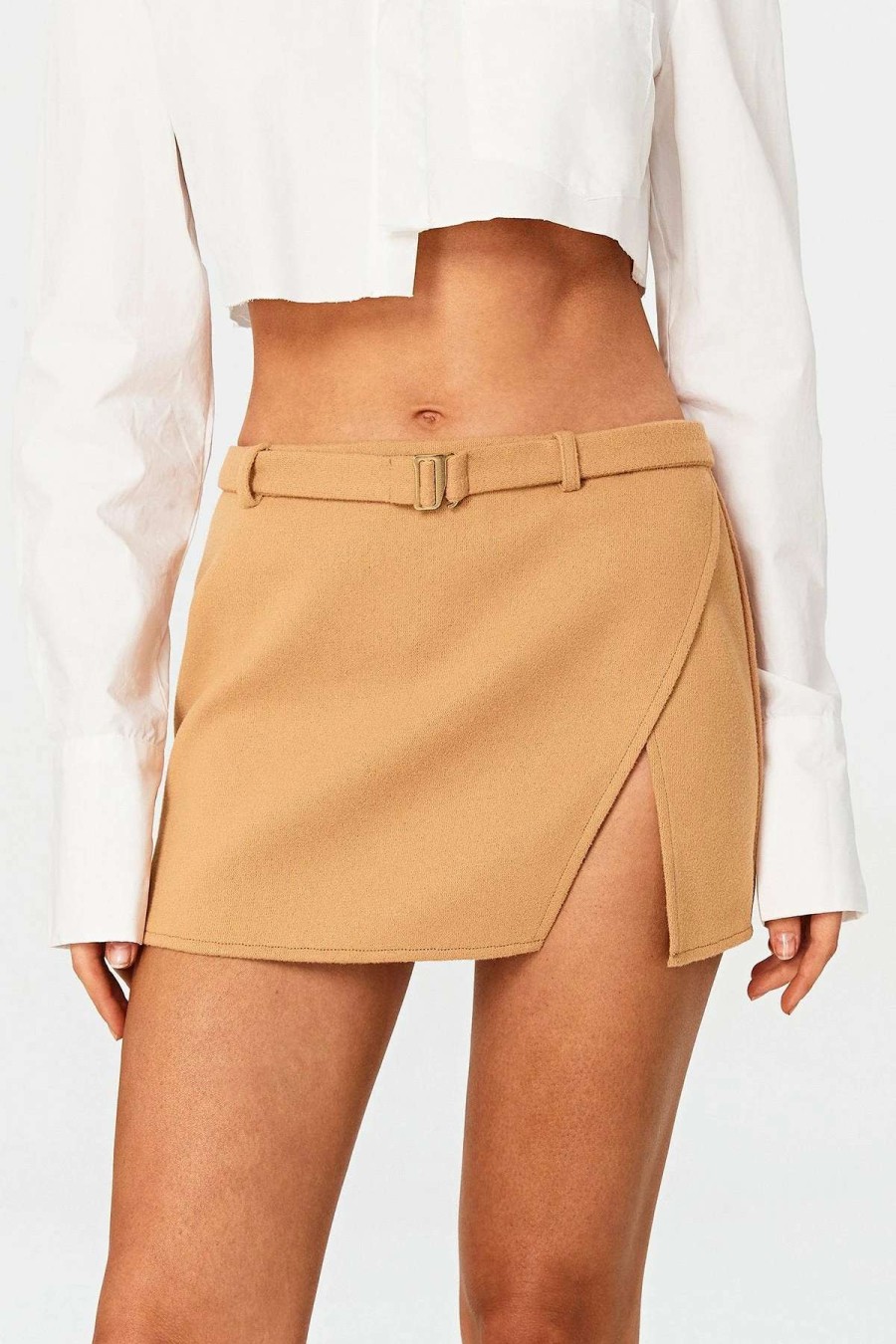 Skirts * | Solado Woolen Low Waist Split Hem A-Line Mini Skirt With Belt Wheat