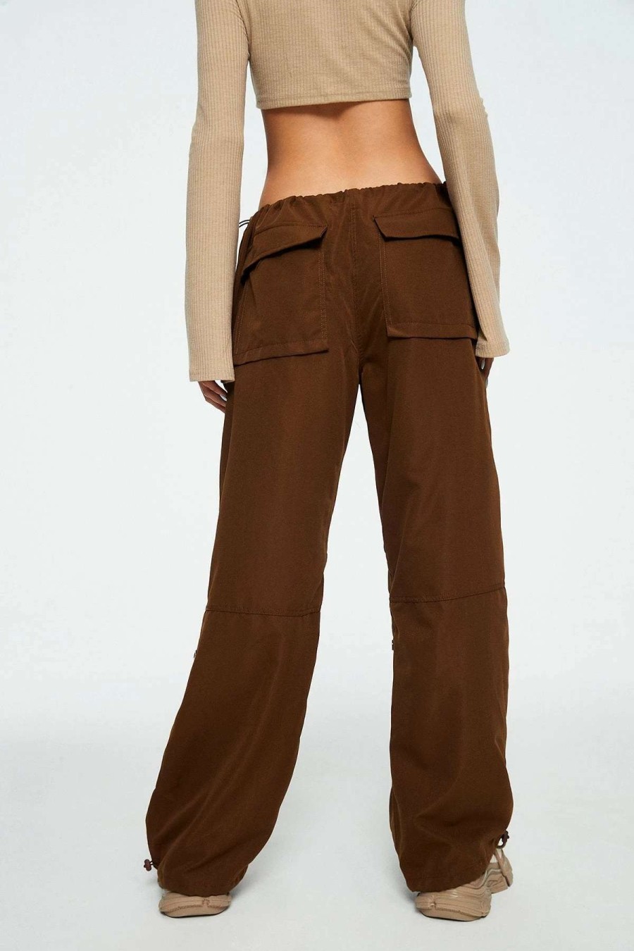 Pants * | Solado High Waist Pocket Patched Drawstring Parachute Pants Brown