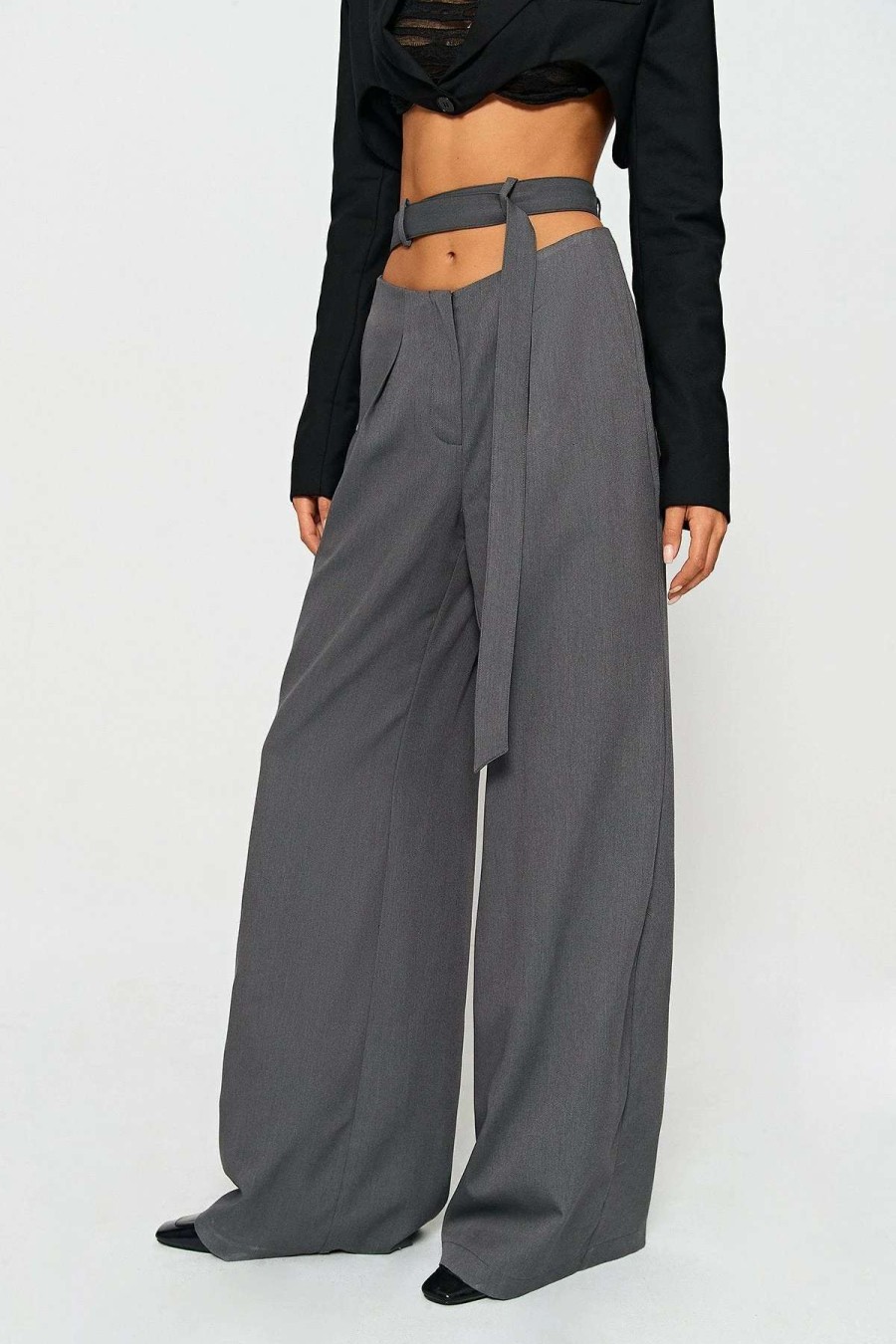 Pants * | Solado Low Waist Tie Detail Solid Wide Leg Pants Gray