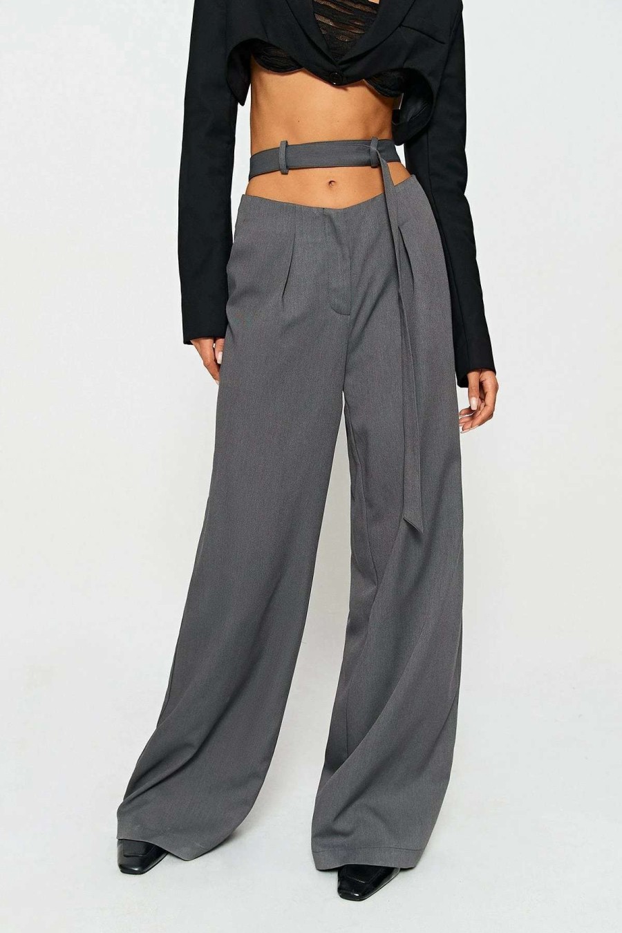 Pants * | Solado Low Waist Tie Detail Solid Wide Leg Pants Gray