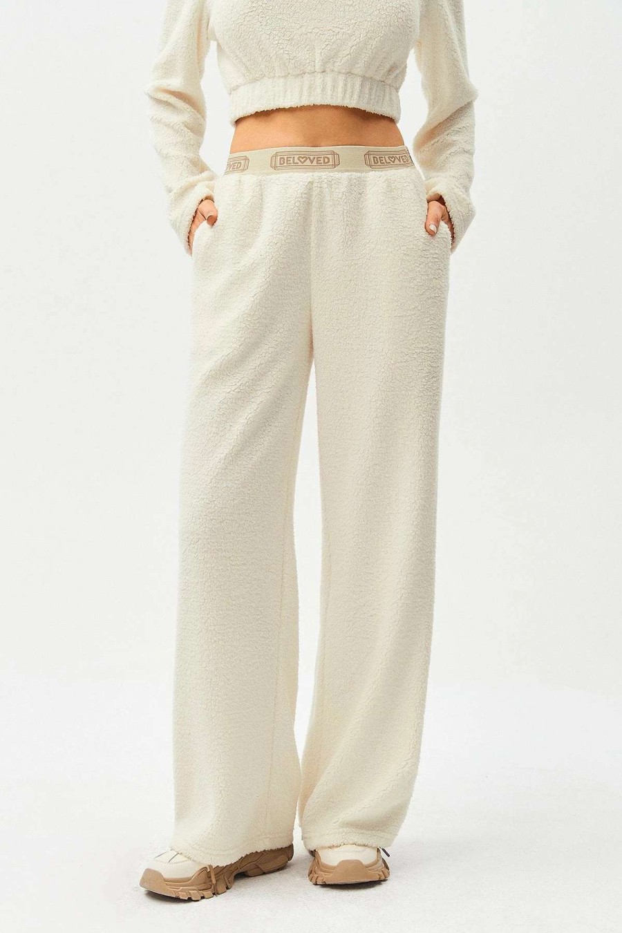 Pants * | Solado Colorblock Trim Dual Pocket Fluffy Straight Pants Beige