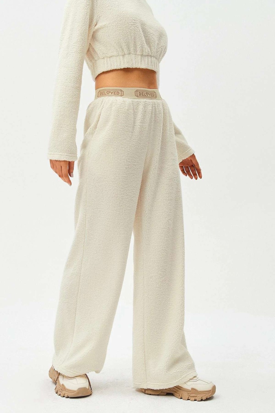 Pants * | Solado Colorblock Trim Dual Pocket Fluffy Straight Pants Beige