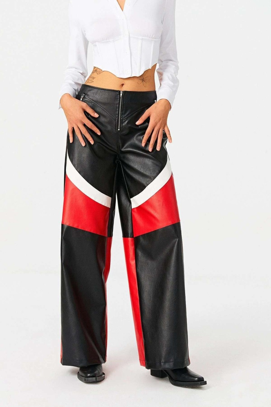 Pants * | Solado Zipper Front Colorblock Pu Leather Straight Pants Black