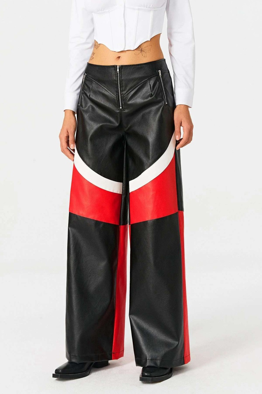 Pants * | Solado Zipper Front Colorblock Pu Leather Straight Pants Black