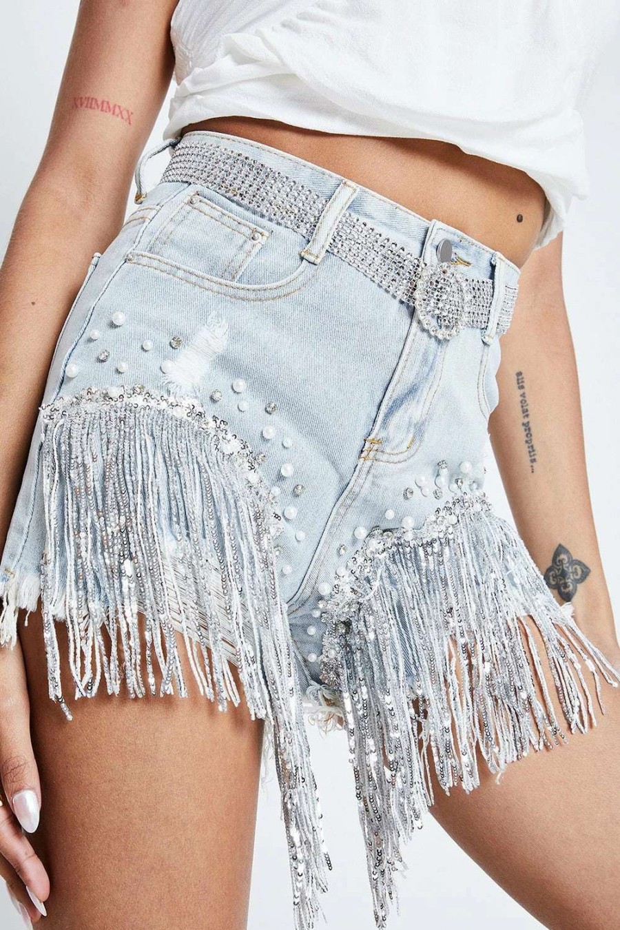 Shorts * | Solado High Waist Bead Decor Tassel Hem Denim Shorts Lightsteelblue