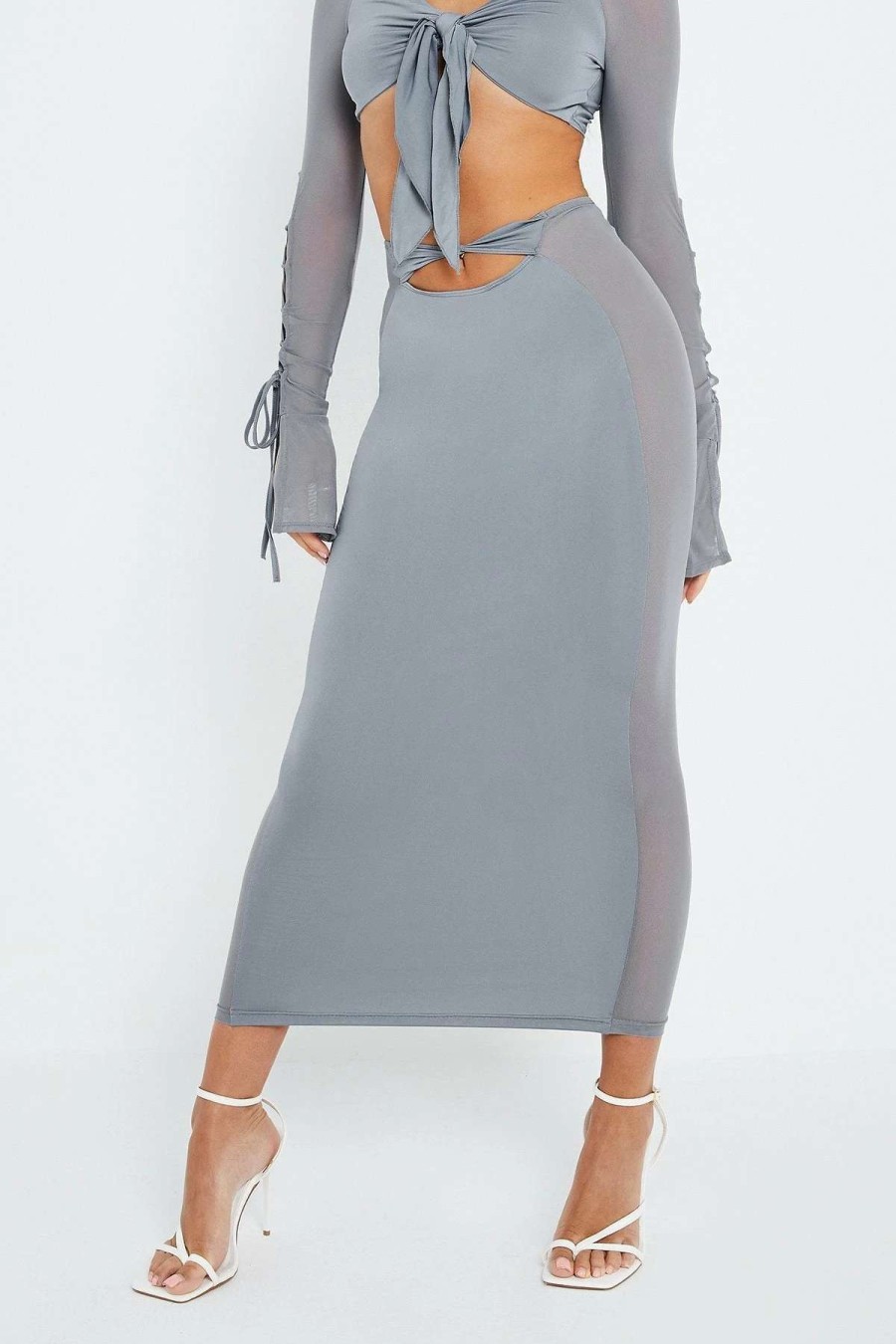 Skirts * | Solado Twist Front Cut Out Mesh Splicing Maxi Skirt Lightsteelblue