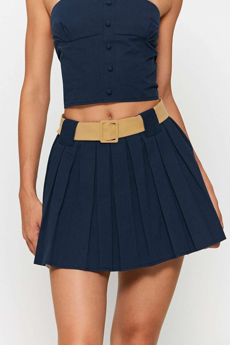 Skirts * | Solado Low Waist Colorblock A-Line Mini Skirt With Belt Darkblue