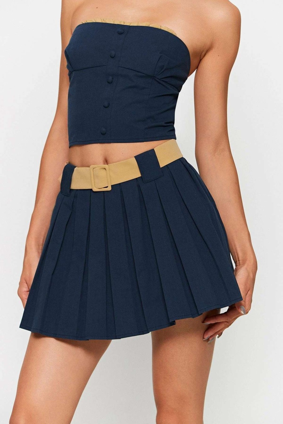 Skirts * | Solado Low Waist Colorblock A-Line Mini Skirt With Belt Darkblue