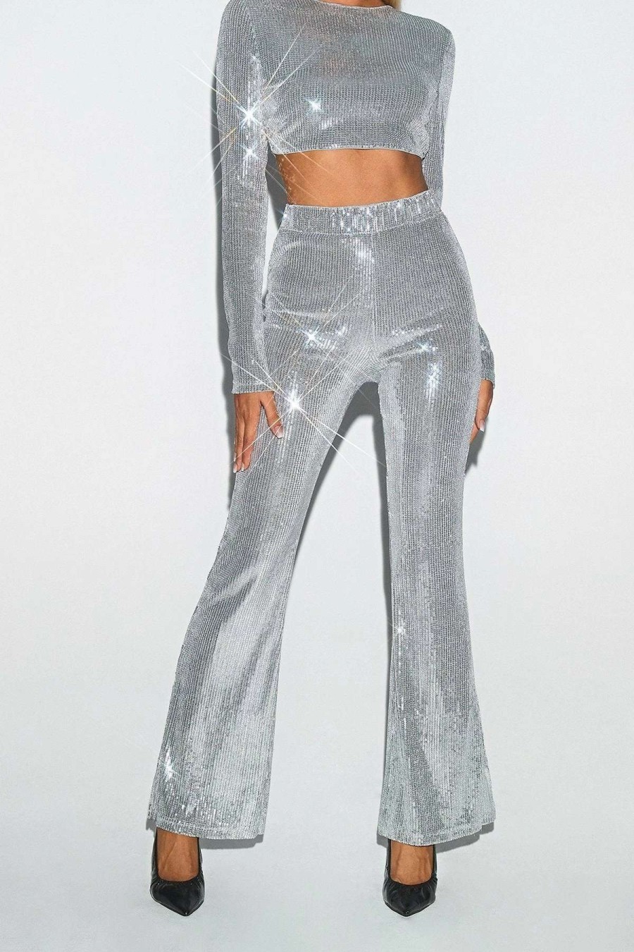 Pants * | Solado High Waist Sequin Solid Flared Pants Silver