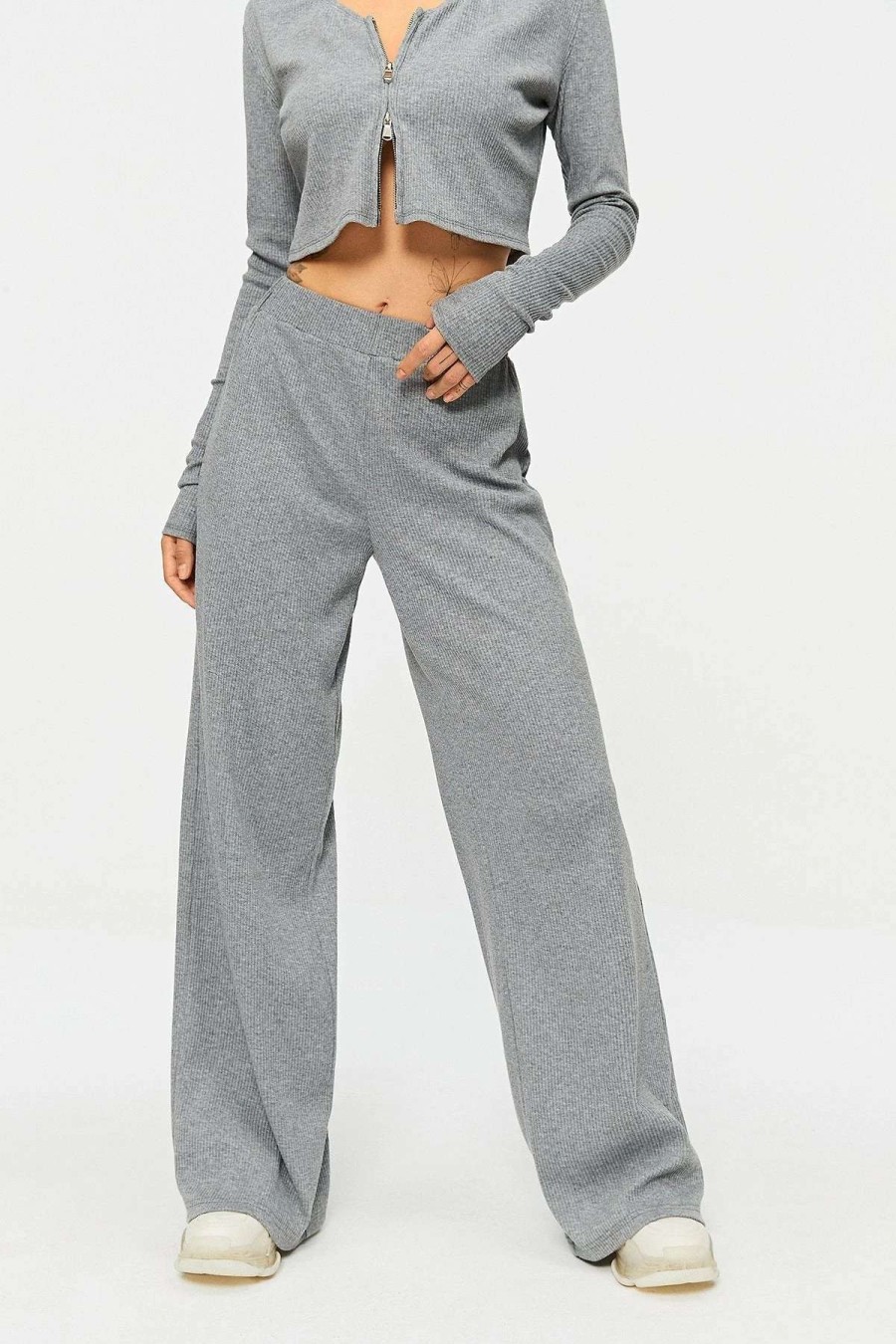 Pants * | Solado High Waist Ribbed Draped Solid Straight Pants Lightgray