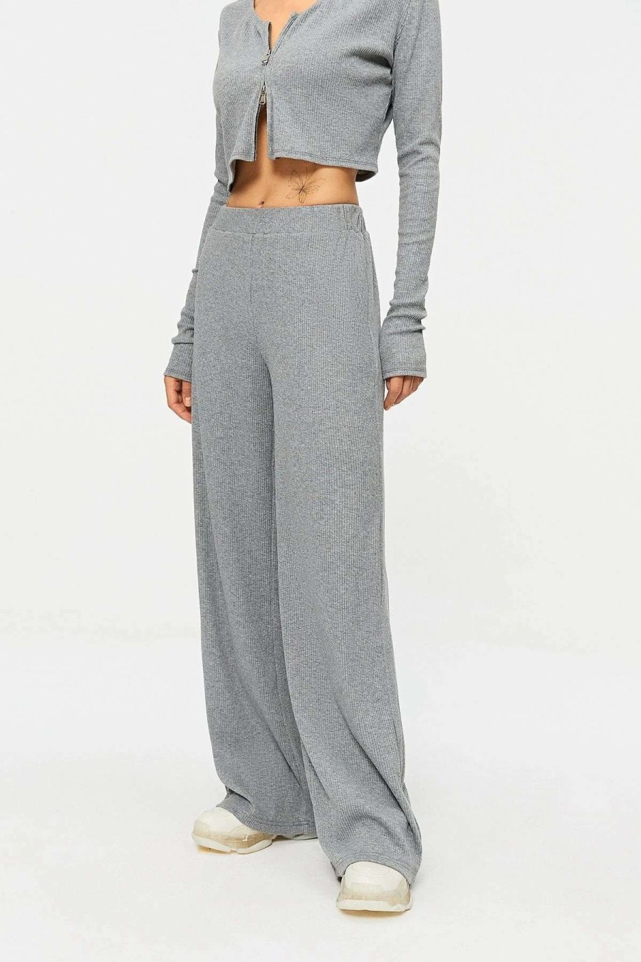 Pants * | Solado High Waist Ribbed Draped Solid Straight Pants Lightgray