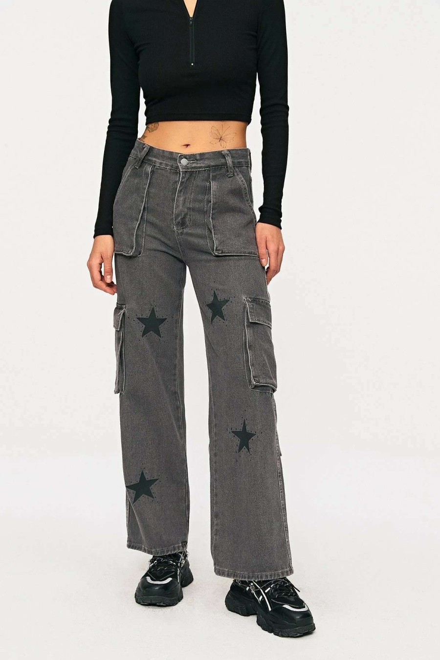 Denim Bottoms * | Solado Low Waist Star Print Pocket Patched Straight Leg Jeans Gray