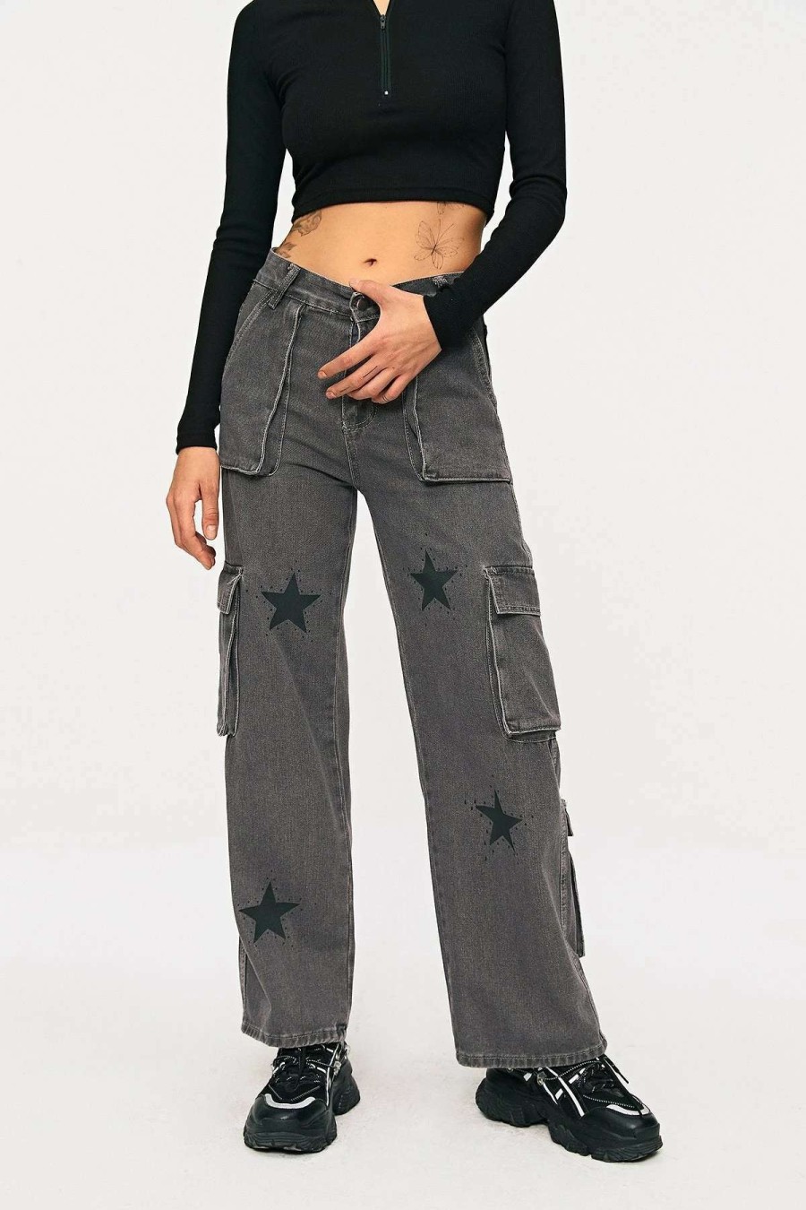 Denim Bottoms * | Solado Low Waist Star Print Pocket Patched Straight Leg Jeans Gray