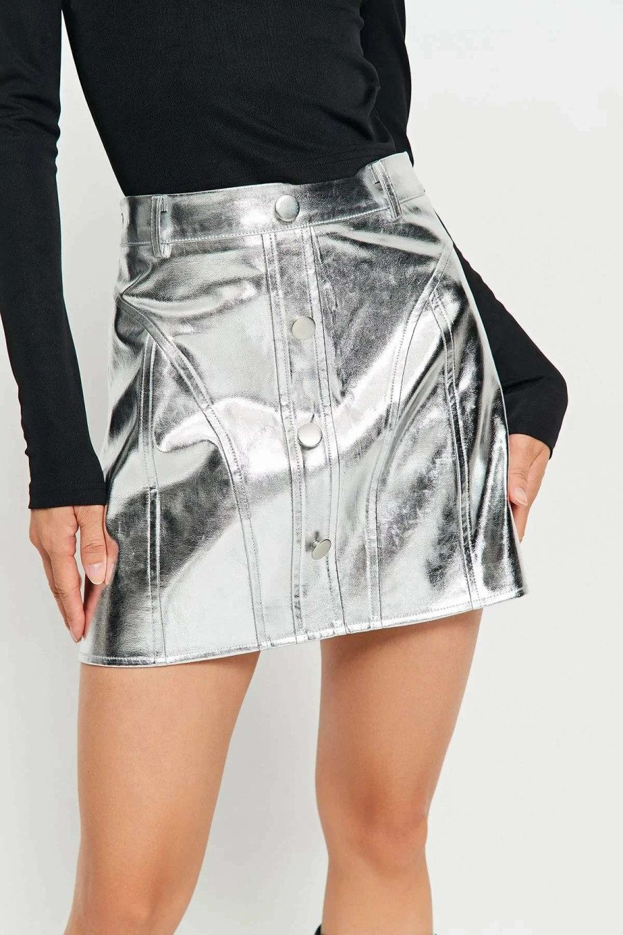 Skirts * | Solado High Waist Button Decor Pu Leather Mini Skirt Silver