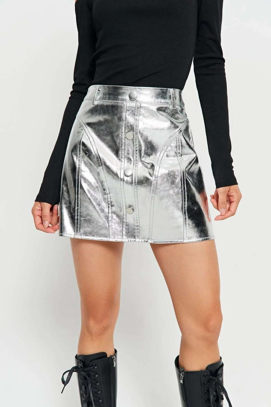 Skirts * | Solado High Waist Button Decor Pu Leather Mini Skirt Silver