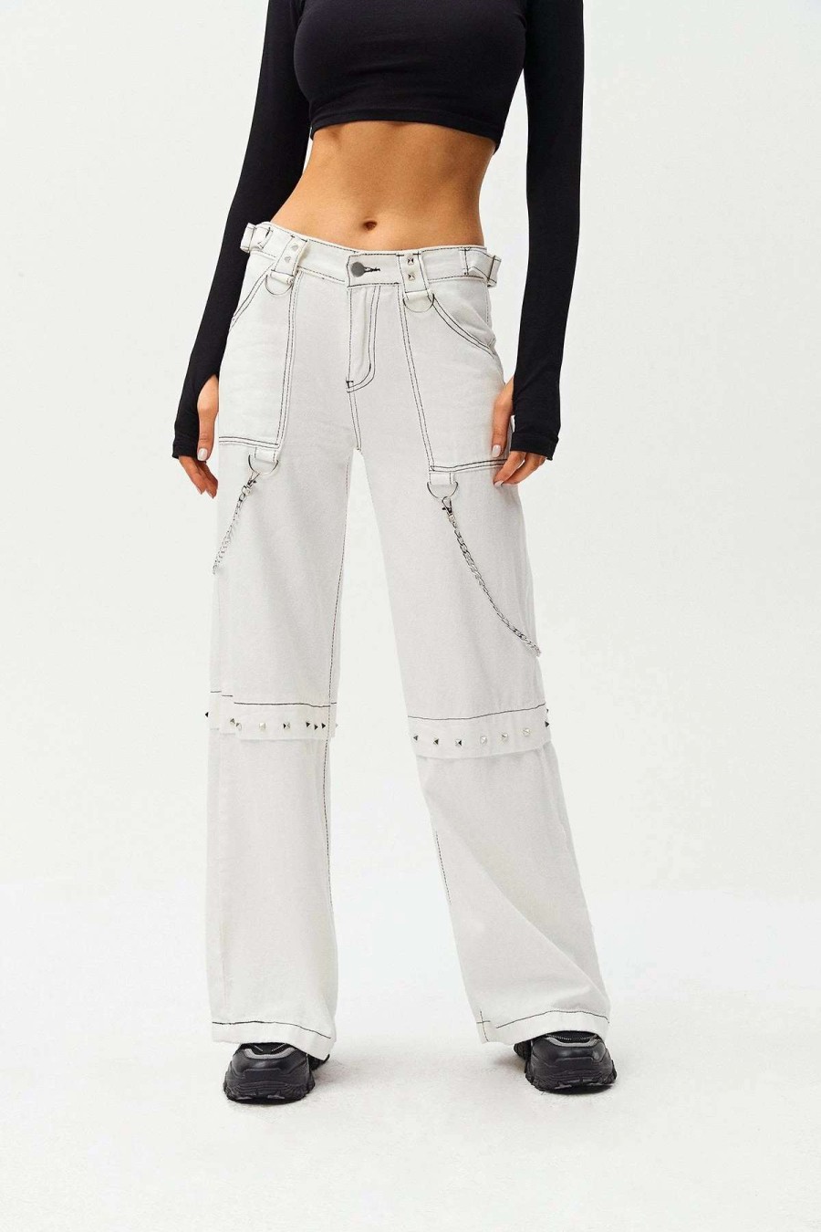 Denim Bottoms * | Solado Low Waist Top-Stitching Chain Decor Wide Leg Jeans White