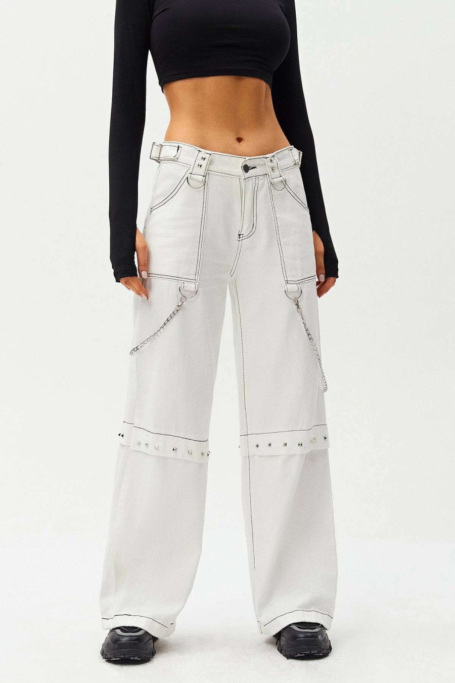 Denim Bottoms * | Solado Low Waist Top-Stitching Chain Decor Wide Leg Jeans White