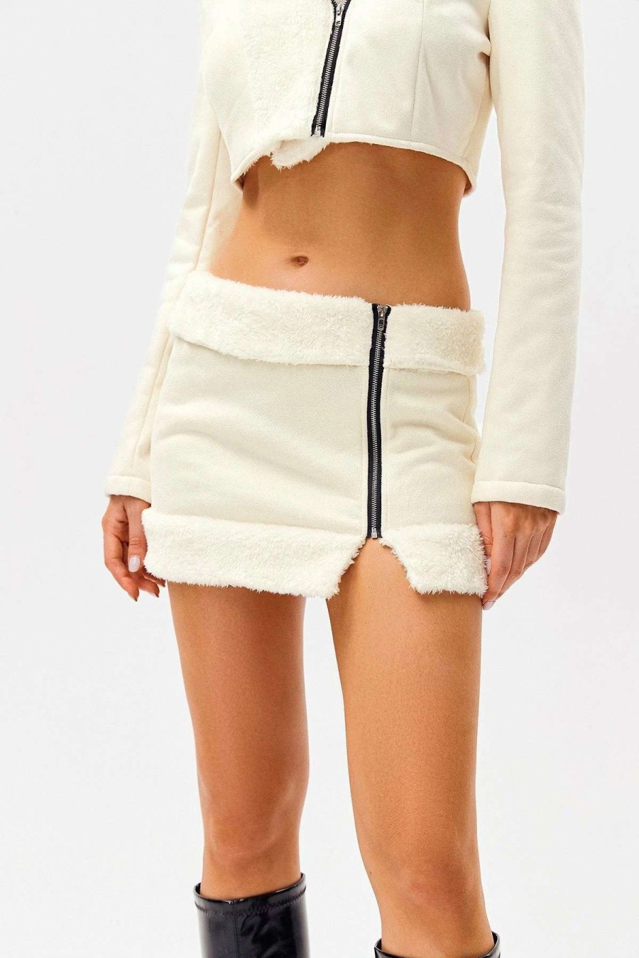 Skirts * | Solado Zipper Front Fluffy Splicing Split Hem Mini Skirt White