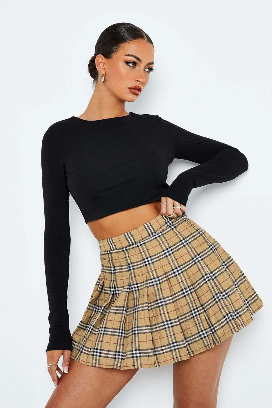 Skirts * | Solado High Waist Check Print Pleated Mini Skirt Khaki