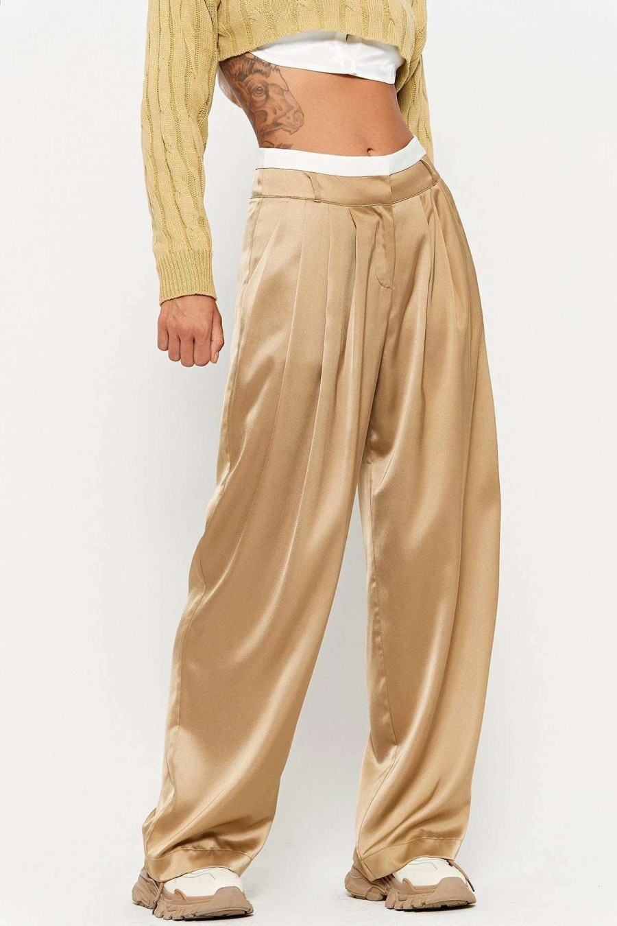 Pants * | Solado Satin Colorblock Ruched Draped Wide Leg Pants Khaki