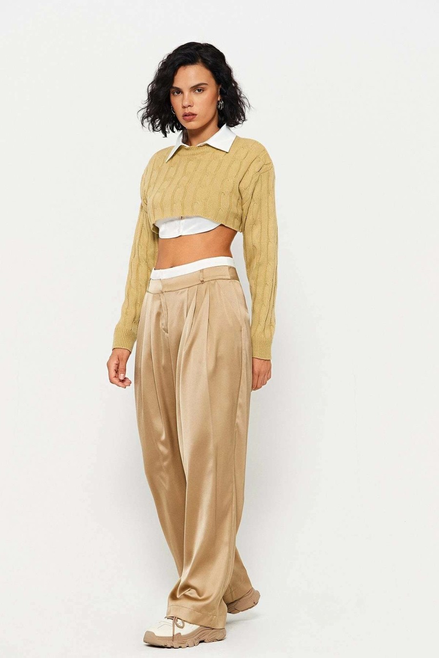 Pants * | Solado Satin Colorblock Ruched Draped Wide Leg Pants Khaki