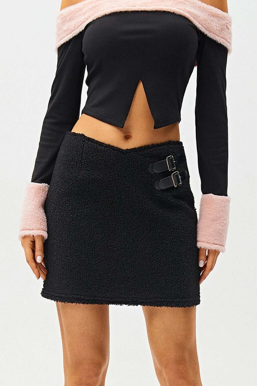 Skirts * | Solado Asymmetrical Waist Buckled Detail Teddy Mini Skirt Black