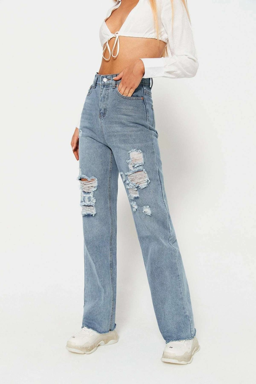 Pants * | Solado High Waist Dual Pocket Raw Hem Ripped Straight Pants Lightsteelblue