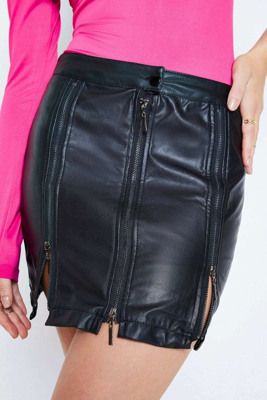 Skirts * | Solado High Waist Zipper Front Pu Leather Mini Skirt Black