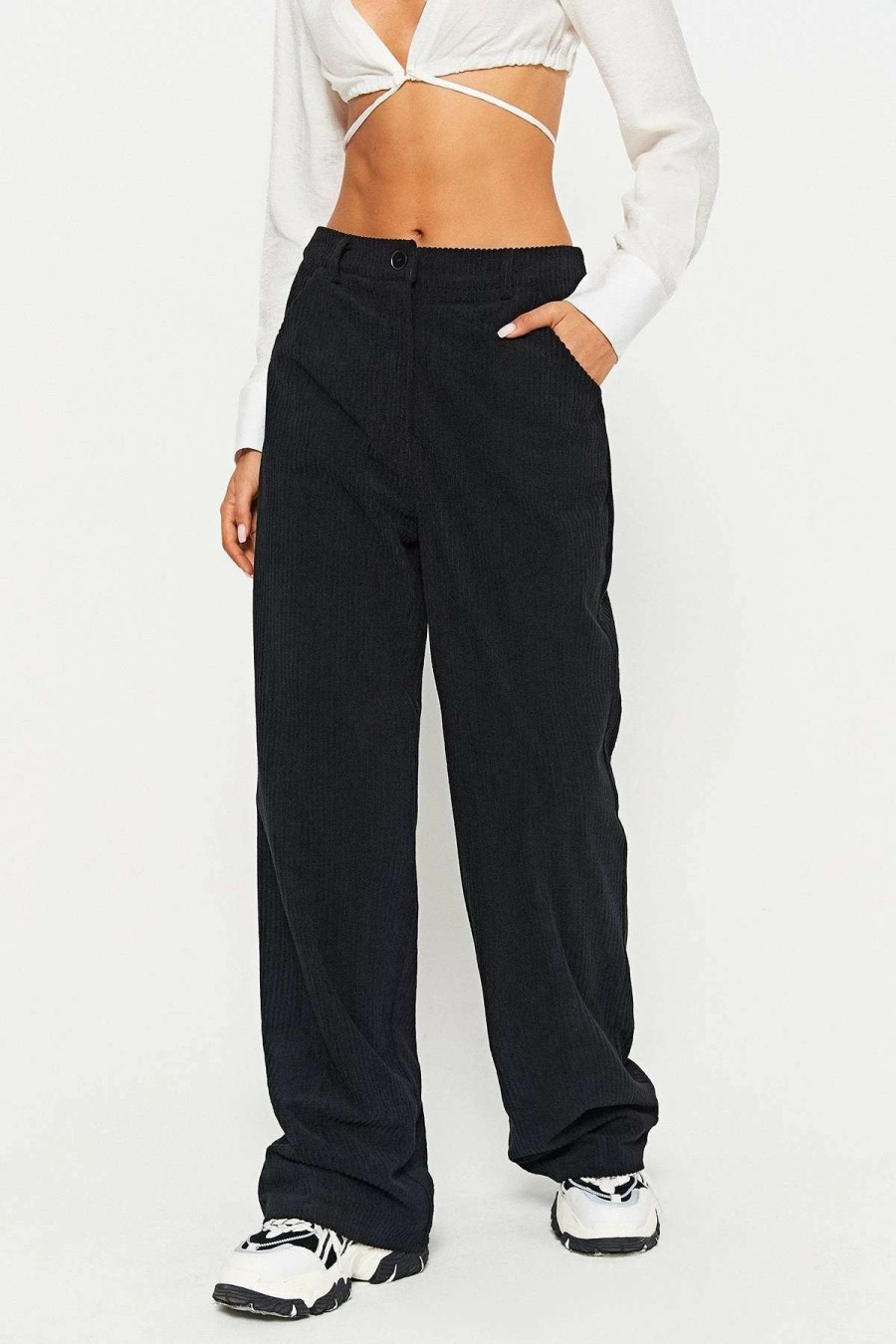 Pants * | Solado Corduroy High Waist Dual Pocket Solid Wide Leg Pants Black