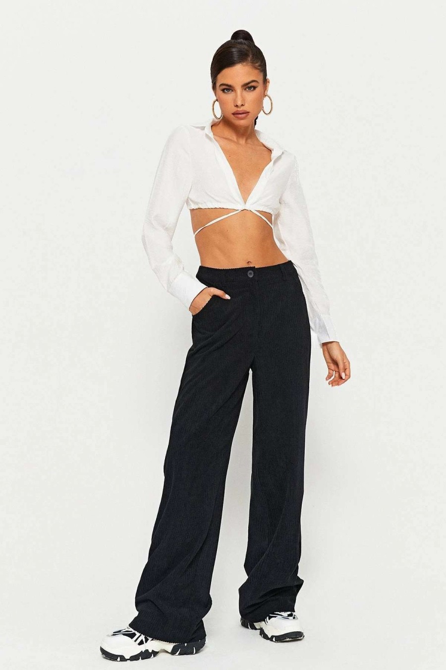 Pants * | Solado Corduroy High Waist Dual Pocket Solid Wide Leg Pants Black