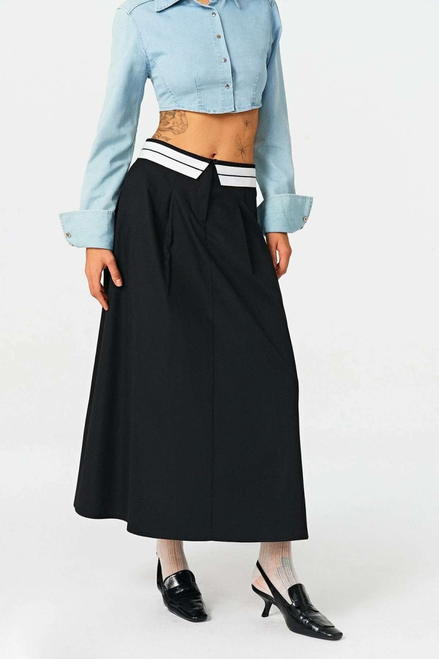 Skirts * | Solado Lapel Waist Colorblock A-Line Maxi Skirt Black