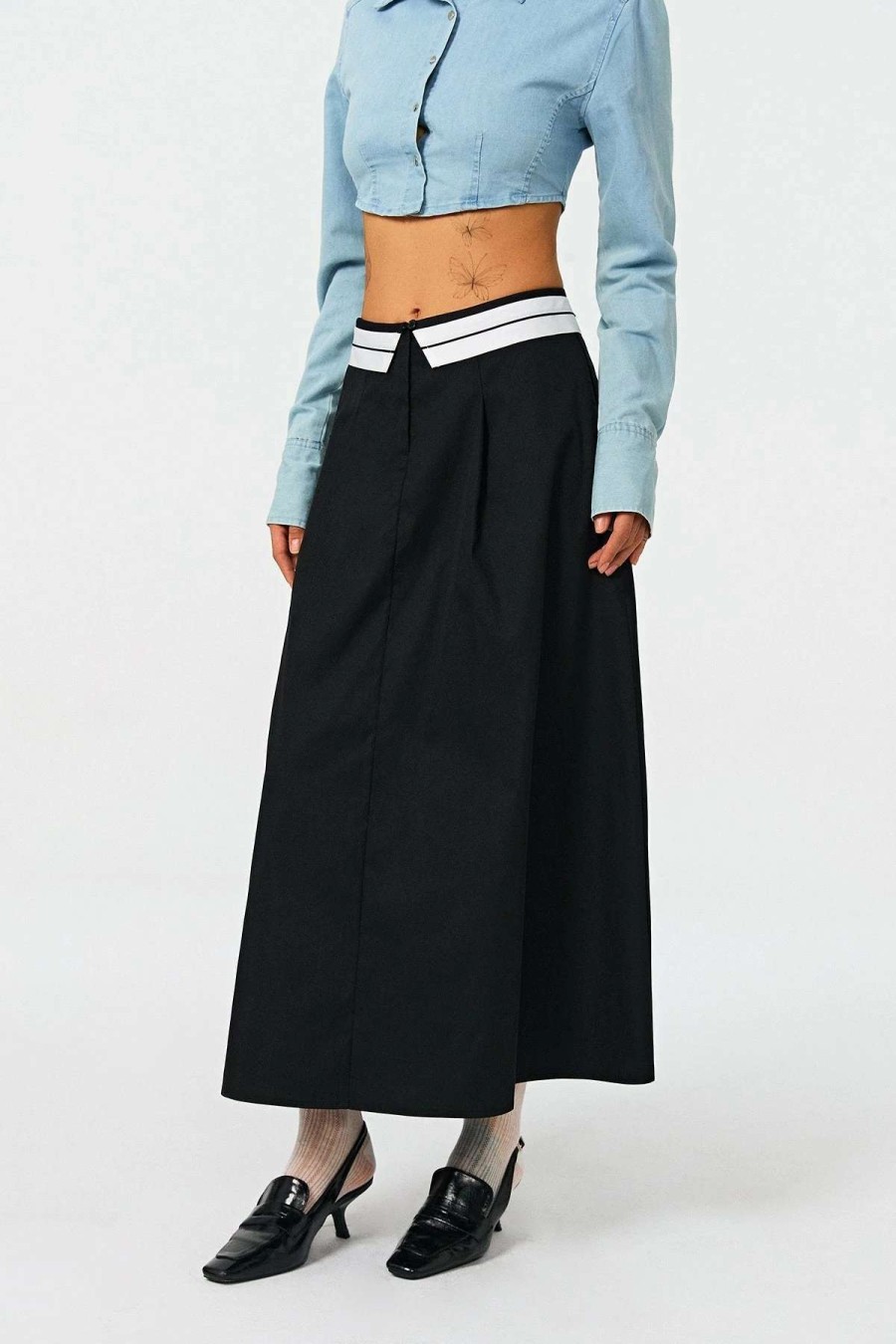 Skirts * | Solado Lapel Waist Colorblock A-Line Maxi Skirt Black