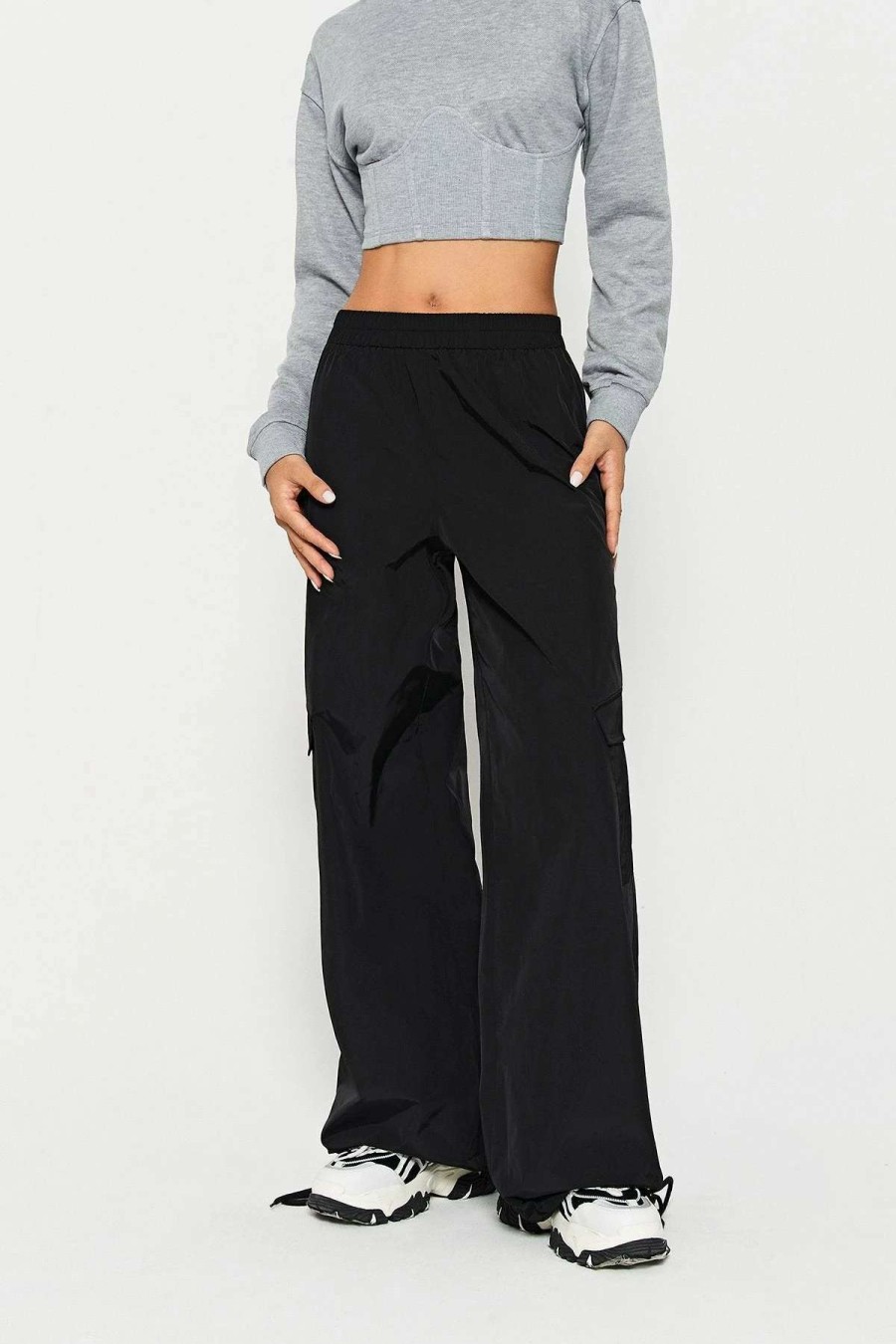 Pants * | Solado Low Waist Pocket Patched Drawstring Hem Wide Leg Pants Black