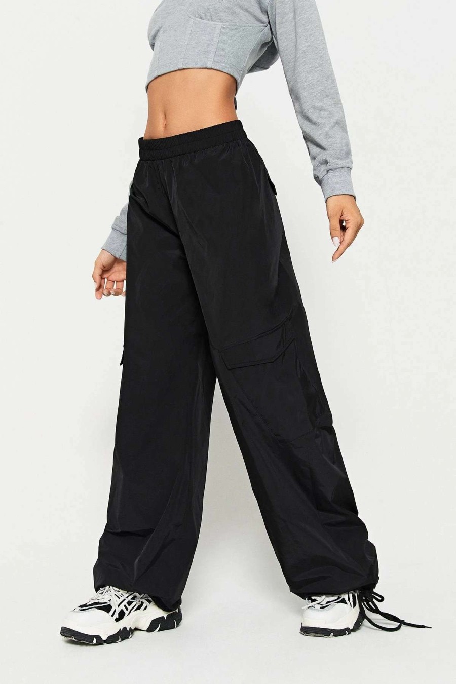 Pants * | Solado Low Waist Pocket Patched Drawstring Hem Wide Leg Pants Black