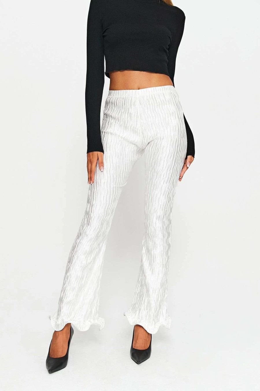 Pants * | Solado Satin Pleated Textured Asymmetrical Hem Flared Pants White