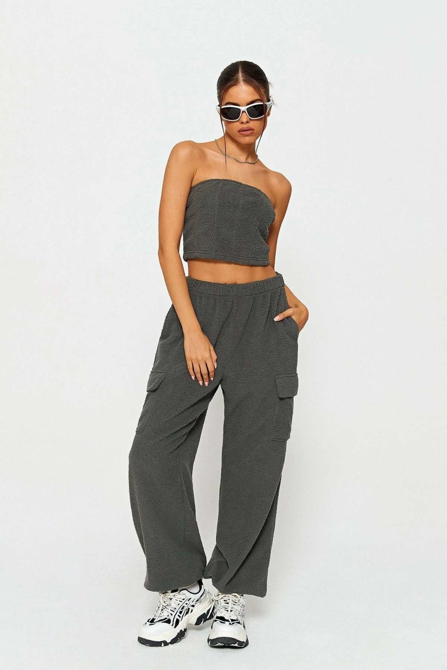 Pants * | Solado Teddy Tube Crop Top & Pocket Patched Cargo Pants Set Dimgray